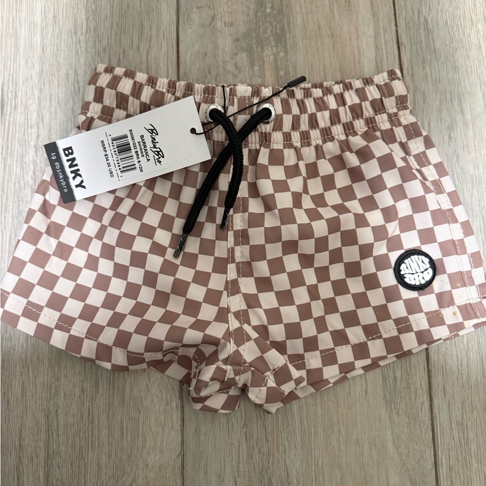 BNWT Binky Bro baby Brown & White Checkered Swim Shorts